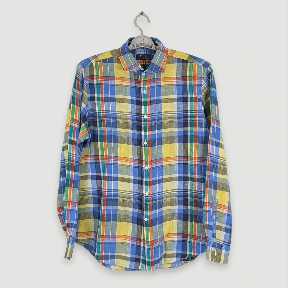 Polo Ralph Lauren Linen Button Up Shirt Mens Large Multicolor Plaid Long Sleeve - Picture 3 of 11